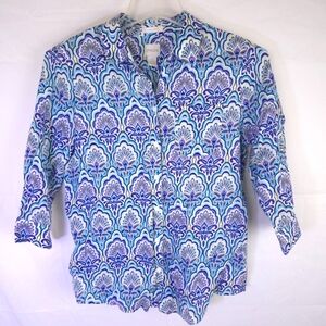 Chico's No Iron Linen Button Down Shirt Scallop Print Size 1 Med Business Casual